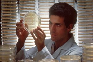 Showing a researcher looking at bacteria on a petri dish