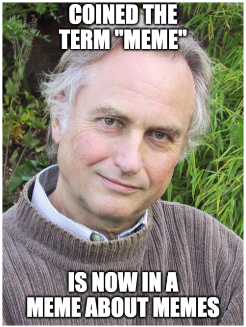 Dawkins formulated the idea of memes, units of cultural evolution. Memes make us human by spreading and evolving.