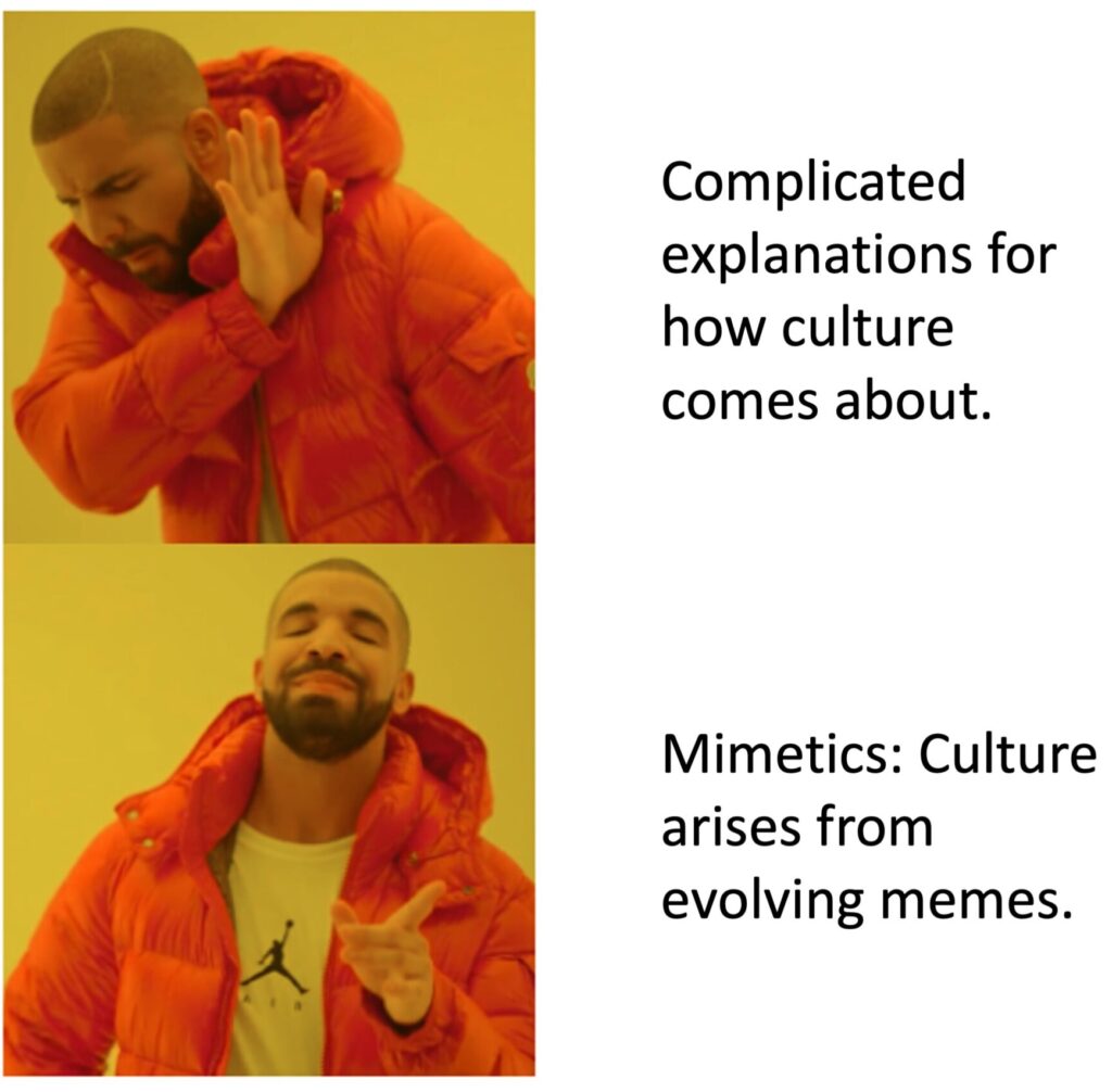 Memes can explain how culture comes about. Memes make us human by spreading and evolving