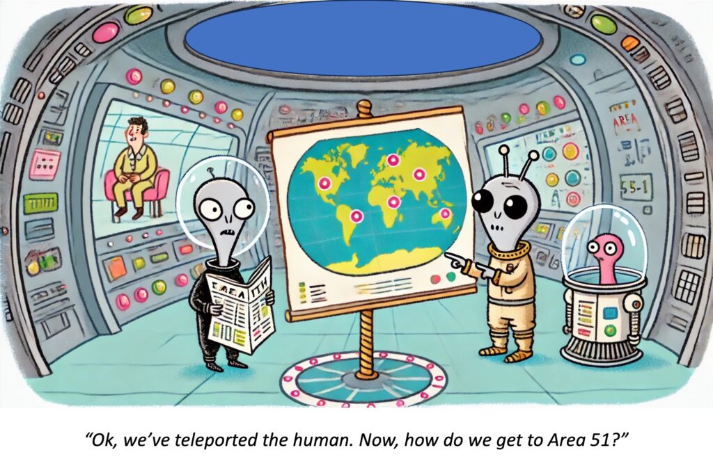 Extra-terrestrial cartoon poking fun of conspiracy theories.