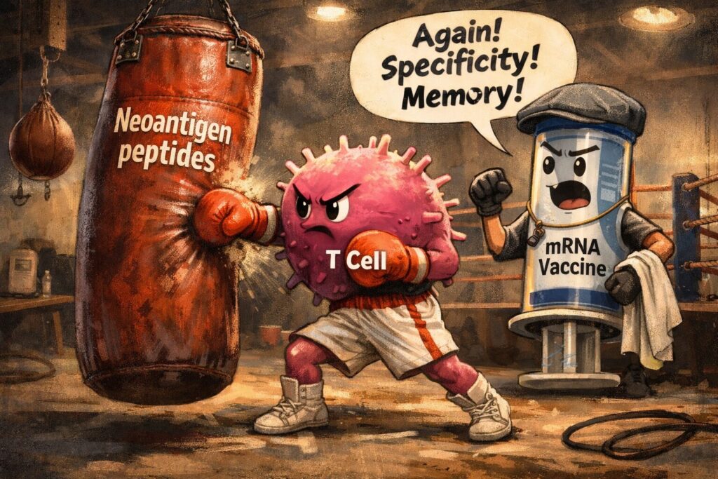 Cartoon of a T cell boxing a punching bag labeled “Neoantigen peptides” while an “mRNA Vaccine” coach shouts “Again! Specificity! Memory!” illustrating a personalized cancer mrna vaccine.