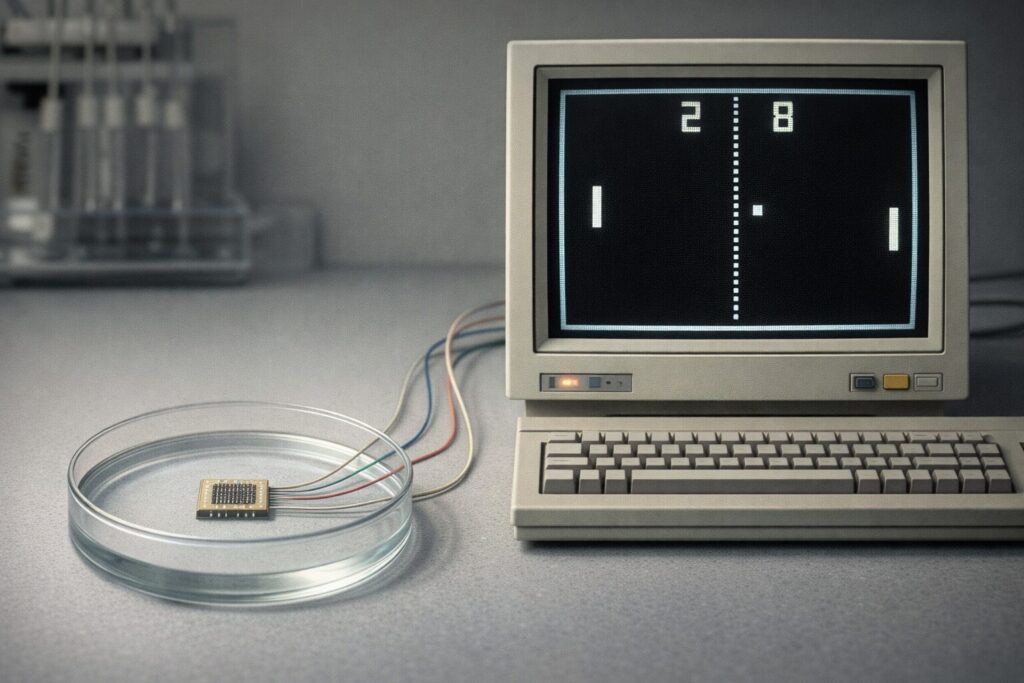 Demonstration of organoid intelligence. A redition of a brain organoid in a dish playing Pong