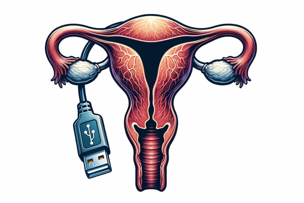 An image depicting a uterus with a USB cord attached to it, emphasizing the direct connection between biology and technology.