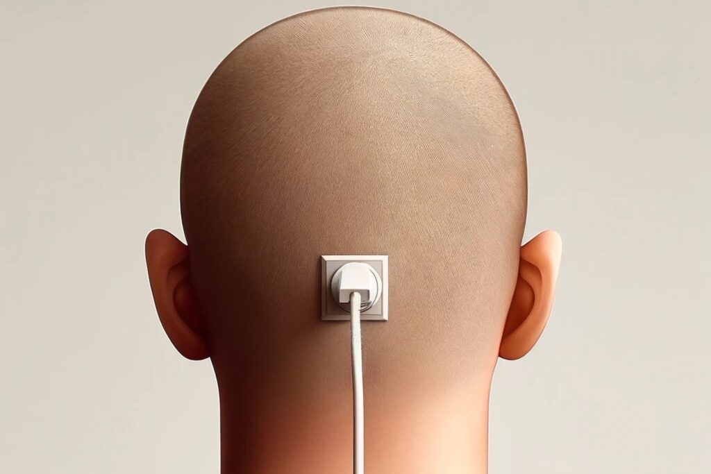 Image of man with cord plugged into his head to indicate a brain computer interface.