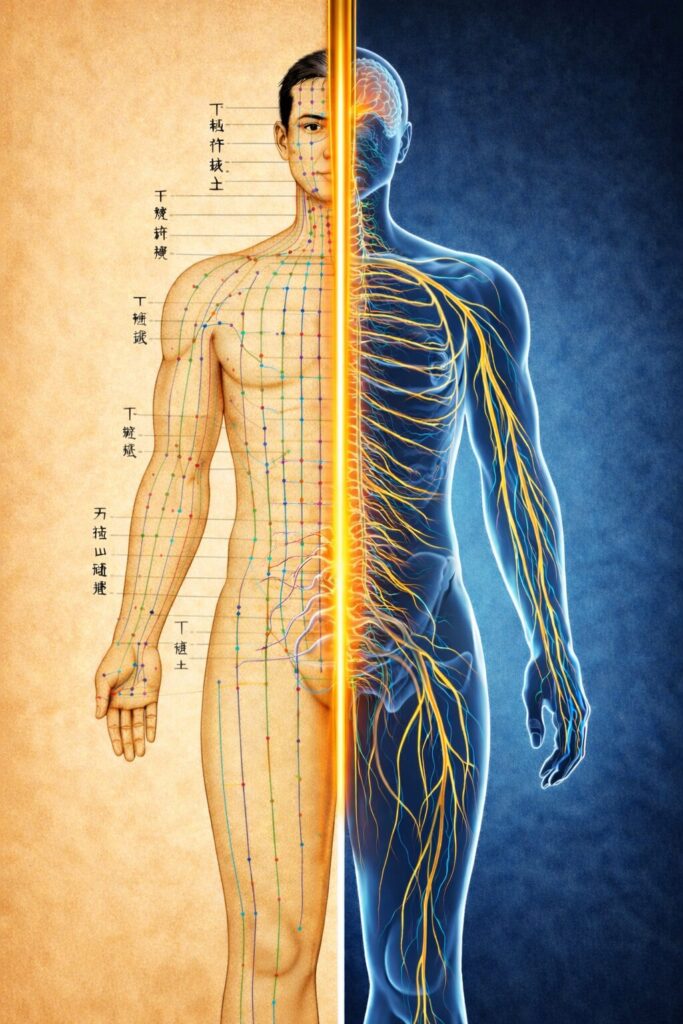 Split illustration of the human body showing traditional acupuncture meridians on the left and the nervous system on the right, joined by a glowing spinal cord in the center.