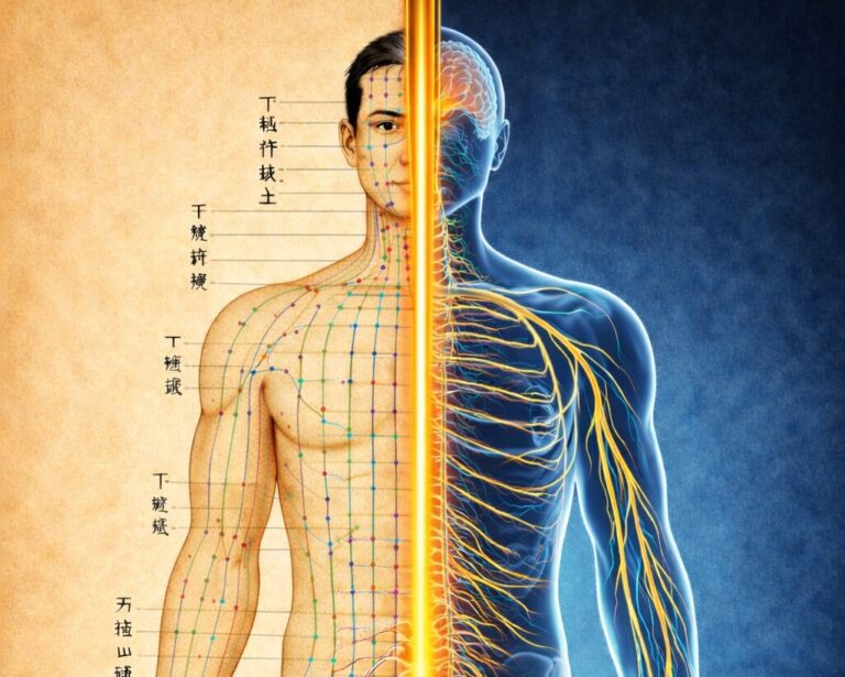 Split illustration of the human body showing traditional acupuncture meridians on the left and the nervous system on the right, joined by a glowing spinal cord in the center.