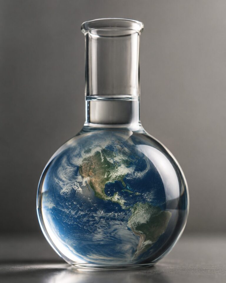 A flask with the earth seen through it represnting the ecological benefits of green artifical metabolism